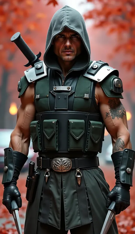 Tom Cruise as Kung Jin

Grey-hooded warrior, tactical costume with black padded vest and green details with puff pattern. Sharp silver shoulder pads, muscular arms with tribal tattoos. Gloves and bracelets with short blades, belt with silver ornament and s...