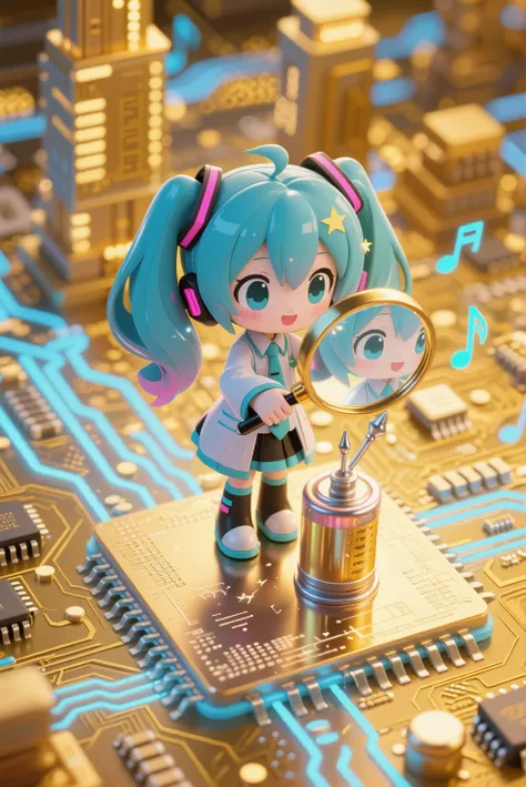 Ultra-detailed 2D anime style, [entire background is a fantastical golden semiconductor circuit board with glowing blue pathways], microscopic perspective showing intricate electronic components as towering structures, super-deformed chibi Hatsune Miku (3-...