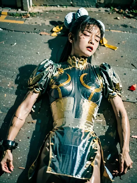 Chun Li, Lost in a battle with a strong enemy, it's limp, humiliated, expression of agony, hyper real, photo real, closed eyes, is lying on its back on the ground, 1 girl, tragic tone
