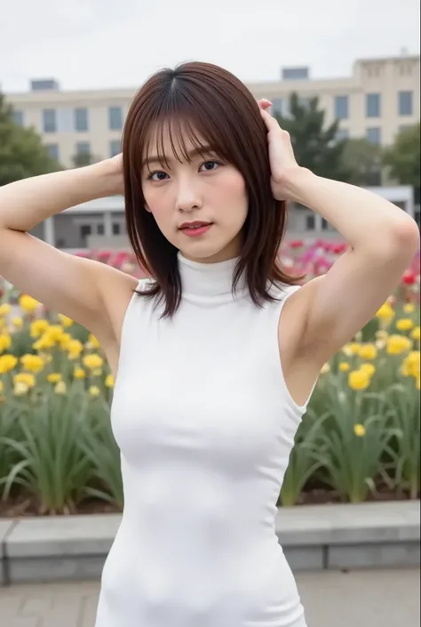 young woman standing in front, Wear a tight sleeveless, high neck short length white knit dress, Place your hands directly behind your head,  Bend forward slightly, flat concrete area. very big breasts, Her hair color is dark brown., medium hair,  In the b...