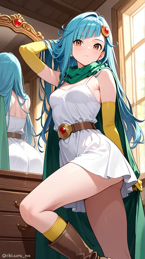 masterpiece､looking in the mirror、Comb Your Hair､Let's fix the hairstyle with、 in the mirror､Professional Lighting、 diagonal bangs、 Bright Blue Hair 、20 years old､masterpiece, Highest Quality, Super Detailed, Dragon Quest III:  Wise Woman ､Long Hair,, A re...