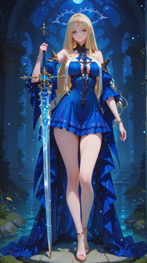 Anime girl with long hair and blue dress holding a sword, deusa do anime, bela maga celestial, full body xianxia, winner of the pixiv contest, estilo Shadowverse, arte zerochan, feiticeira de gelo, pixiv, trending on artstation pixiv, pixiv style, full po...