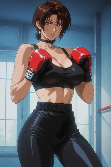 (1girl, Elektra), black choker, black eyes, short hair,brown hair,earrings,brown eyes,light tan skin, black tank top,boxing gloves, black pants,1 girl with beautiful double eyelids, beautiful upper and lower eyelashes, , , beautiful upper and lower eyeyela...