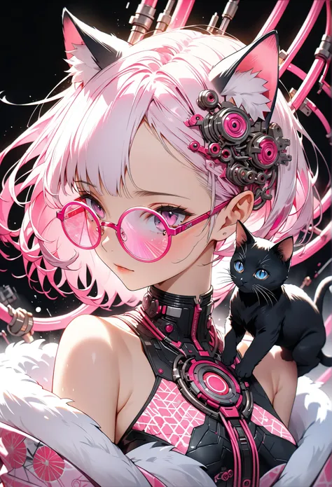 ether machine girl、Fluffy white fur grows from behind the ears Ears {x} pink similar to blood vessels connected to the neck and back Tube {x} Intricate illustration in an imaginative cyberpunk art style, Translucent white short hair (black cat ears) Stylis...