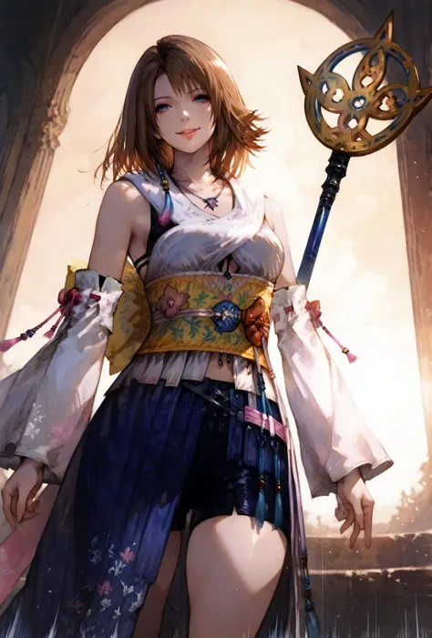 (score_9,score_8_up,score_7_up),Yuna (FFX), ((WOMAN,YUNA , FINAL FANTASY X, YUNA full clothers, WITH A MAGICAL YUNA STAFF ,), ,,extremely detailed,dynamic lighting,best quality,,,best quality,high quality,, , dynamic angle, , thick thighs, motion lines,, ...