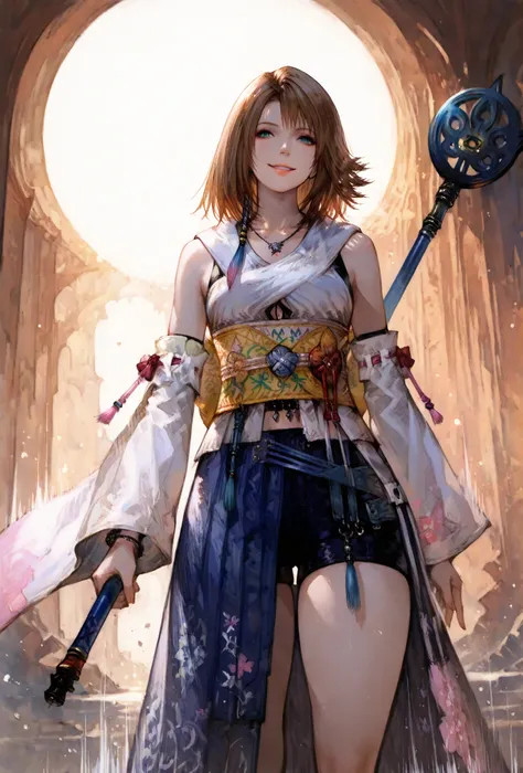 (score_9,score_8_up,score_7_up),Yuna (FFX), ((WOMAN,YUNA , FINAL FANTASY X, YUNA full clothers, WITH A MAGICAL  YUNA STAFF ,), ,,extremely detailed,dynamic lighting,best quality,,,best quality,high quality,, , dynamic angle, , thick thighs, motion lines,, ...