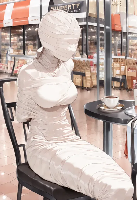 mummification, vetwrap, Daytime, (Shopping Street:1.4), (open cafe:1.4), Mummy sitting at the table, mummification \(bound\), white bandages, covered mouth, covered nose, covered eyes, wrapped head, bandaged head, covered face, arms behind back, bound arms...
