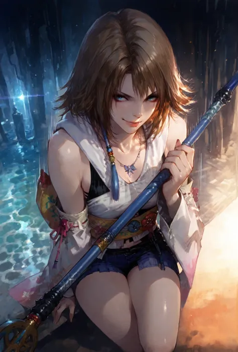 (score_9,score_8_up,score_7_up),Yuna (FFX), ((WOMAN,YUNA , FINAL FANTASY X, YUNA full clothers, WITH A MAGICAL  YUNA STAFF ,), ,,extremely detailed,dynamic lighting,best quality,,,best quality,high quality,, , dynamic angle, , thick thighs, motion lines,, ...