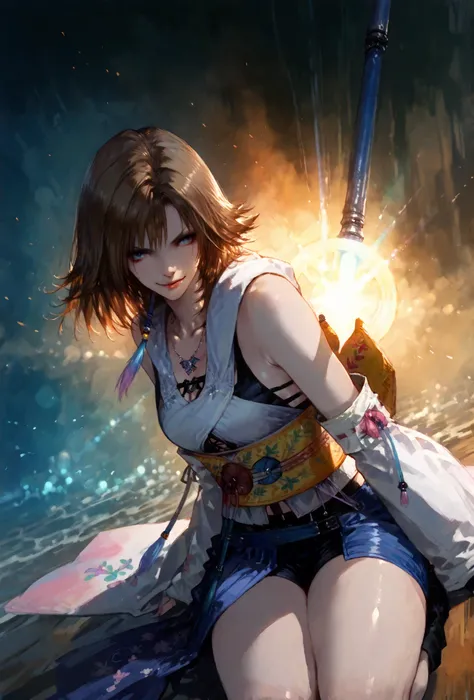 (score_9,score_8_up,score_7_up),Yuna (FFX), ((WOMAN,YUNA , FINAL FANTASY X, YUNA full clothers, WITH A MAGICAL  YUNA STAFF ,), ,,extremely detailed,dynamic lighting,best quality,,,best quality,high quality,, , dynamic angle, , thick thighs, motion lines,, ...