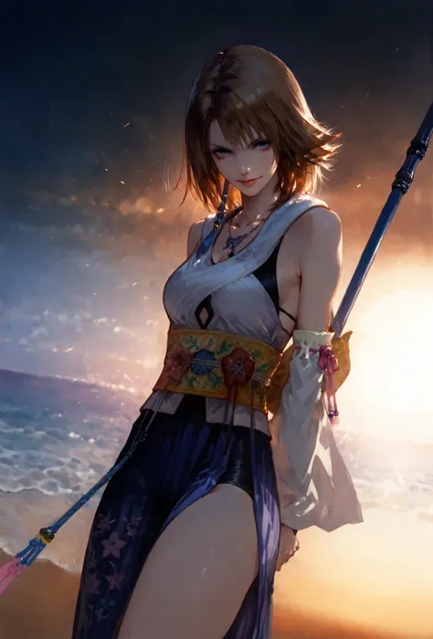 (score_9,score_8_up,score_7_up),Yuna (FFX), ((WOMAN,YUNA , FINAL FANTASY X, YUNA full clothers, WITH A MAGICAL  YUNA STAFF ,), ,,extremely detailed,dynamic lighting,best quality,,,best quality,high quality,, , dynamic angle, , thick thighs, motion lines,, ...