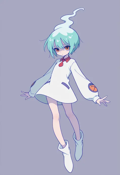 Anime Masterpiece、Highest Quality、super high resolution、clean line、Cell painting +soft gradation、Neon Tone。 One cute ghost girl in a white uniform is floating。Full Body。multiple small glitch rectangles along the outline of the body。orange eyes、Bad look wit...