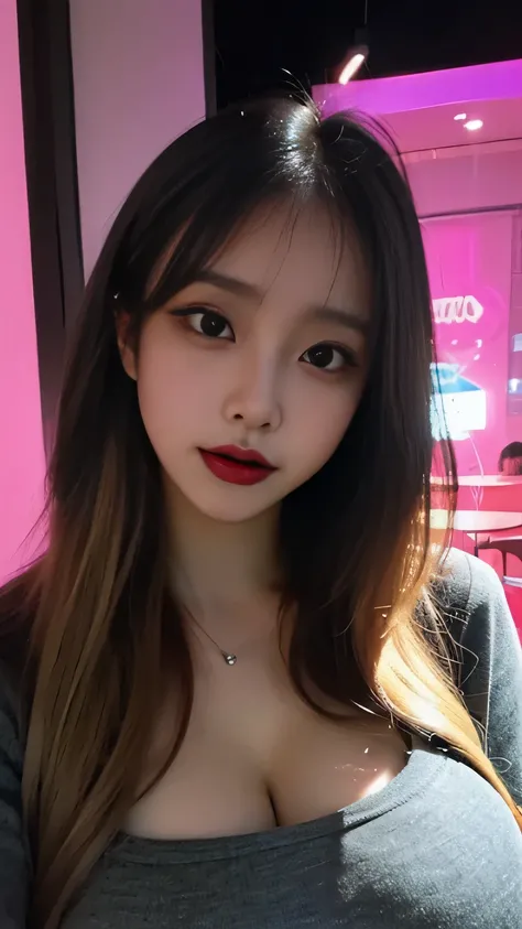 1 girl, beautiful girl, ((huge tits)), long blonde hair, straight hair, hair with bangs, bangs, black eyeliner, black lipstick, realistic, in a party glow, neon lights