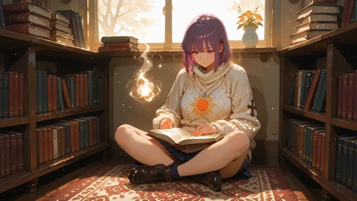 (masterpiece, 1980's anime illustration:1.1), sweet girl with long purple hair wearing oversized knit sweater, sitting cross-legged on floor of bookshop, open book in lap, reading intently, surrounded by stacks of old books, afternoon sun streaming in thro...