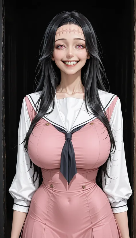 Forehead stitches, waguri kaoruko, black hairband, black hairband, school uniform, pink dress, white sailor collar, white shirt, serafuku, petite anime girl, black hair, long hair, wearing a refined, huge breasts, wide curvy hips, 1girl, solo, Hype4realist...