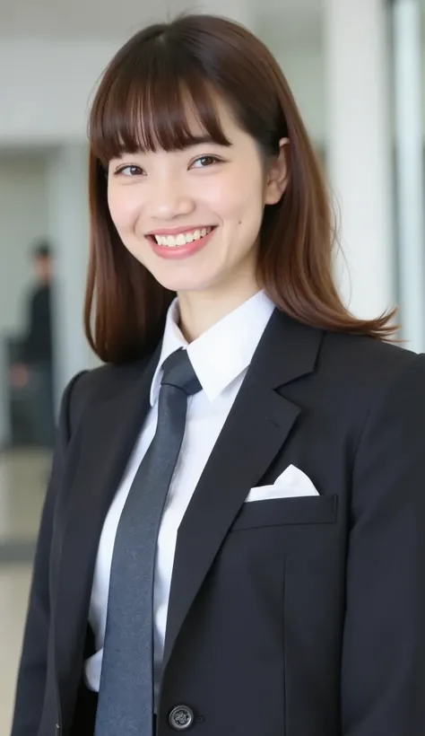 Neat Young Woman、looking at the camera、office lady suit、jacket、shirt、necktie、 pale brown hair、耳にピアス、smile showing teeth、bust up shot、The background is office