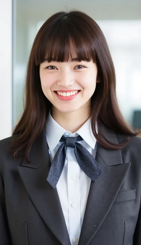 Neat Young Woman、looking at the camera、office lady suit、jacket、shirt、necktie、 pale brown hair、耳にピアス、smile showing teeth、顔のクローズアップ、The background is office