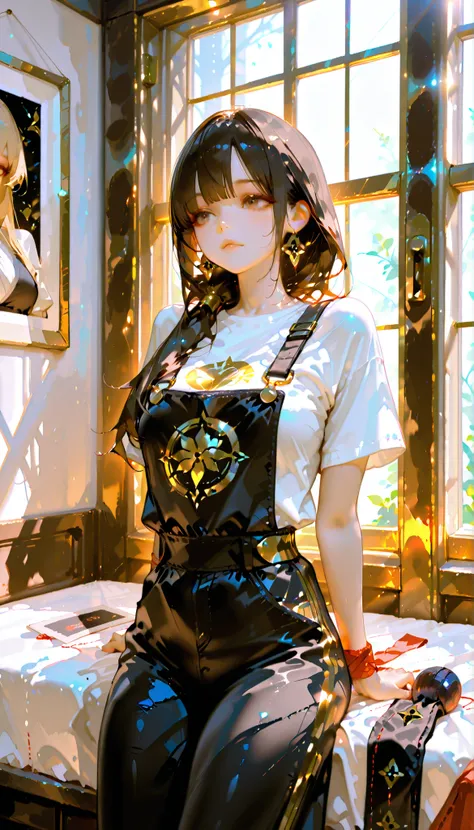 ((RAW Photo), Absurds, (Absurd Resolution)), ((Hyperrealism, Photorealistic)), (beautiful girl, 21 years old), (brown eyes), (long hair tied up, bangs, black with gold trim), (outfit: work overalls, tight t-shirt), (hardworking, arrogant), ((she is a seams...