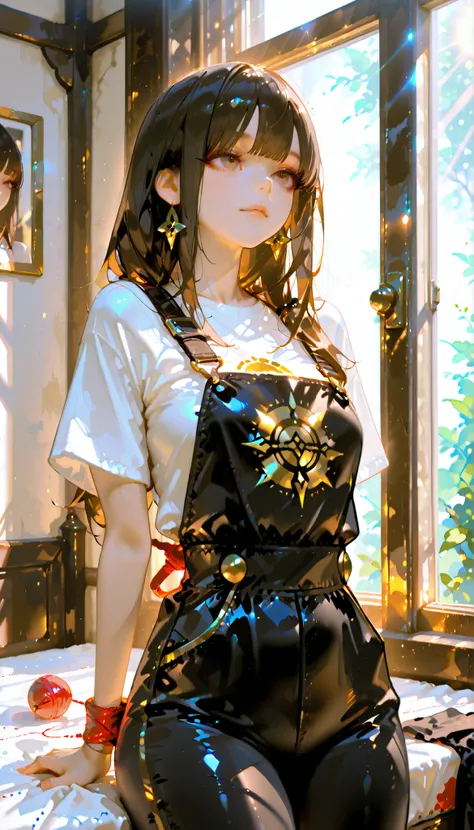 ((RAW Photo), Absurds, (Absurd Resolution)), ((Hyperrealism, Photorealistic)), (beautiful girl, 21 years old), (brown eyes), (long hair tied up, bangs, black with gold trim), (outfit: work overalls, tight t-shirt), (hardworking, arrogant), ((she is a seams...