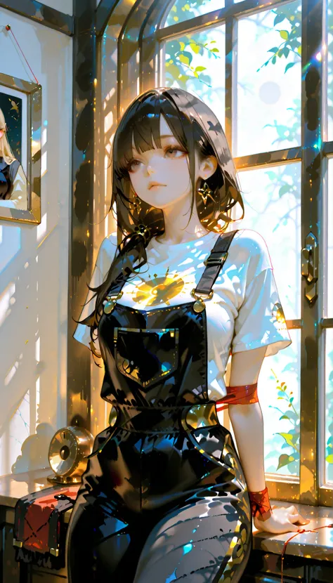 ((RAW Photo), Absurds, (Absurd Resolution)), ((Hyperrealism, Photorealistic)), (beautiful girl, 21 years old), (brown eyes), (long hair tied up, bangs, black with gold trim), (outfit: work overalls, tight t-shirt), (hardworking, arrogant), ((she is a seams...