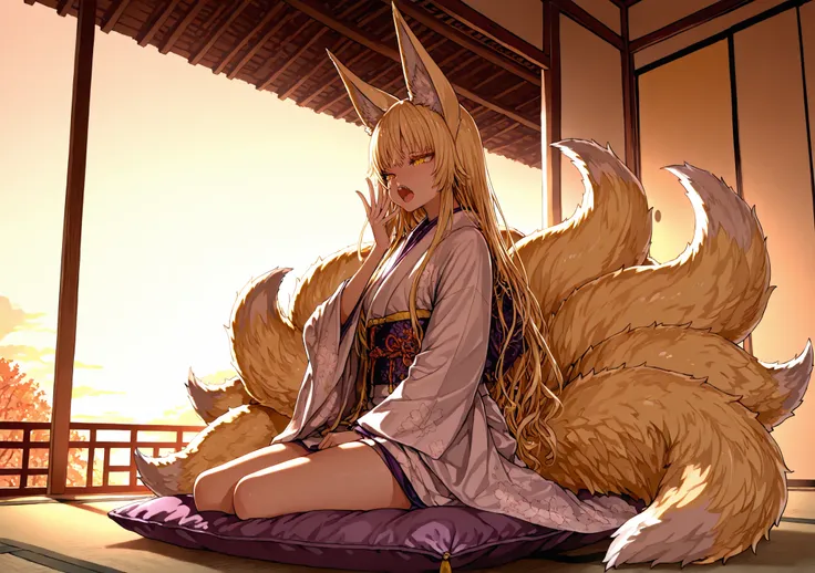 Highest Quality, masterpiece, Ultimate Details, One Demon Fox , 9 fluffy golden tails, Golden Eyes, fox ear, the kimono is bare, sloppy sitting, Yawning, Long blonde, Japanese-style room, on a cushion, at dusk, soft light, warm atmosphere, Japanese, carefu...
