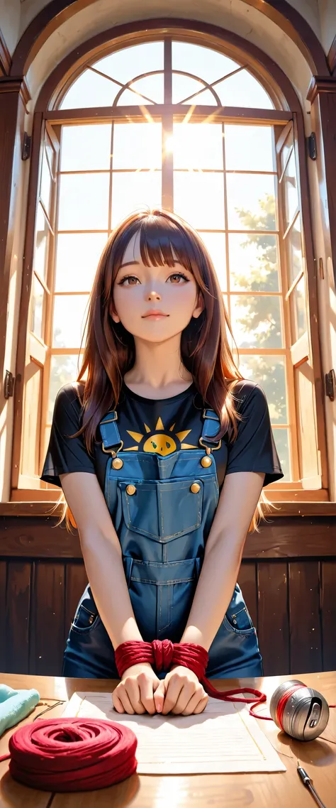 ((RAW Photo), Absurds, (Absurd Resolution)), ((Hyperrealism, Photorealistic)), (beautiful girl, 21 years old), (brown eyes), (long hair tied up, bangs, black with gold trim), (outfit: work overalls, tight t-shirt), (hardworking, arrogant), ((she is a seams...