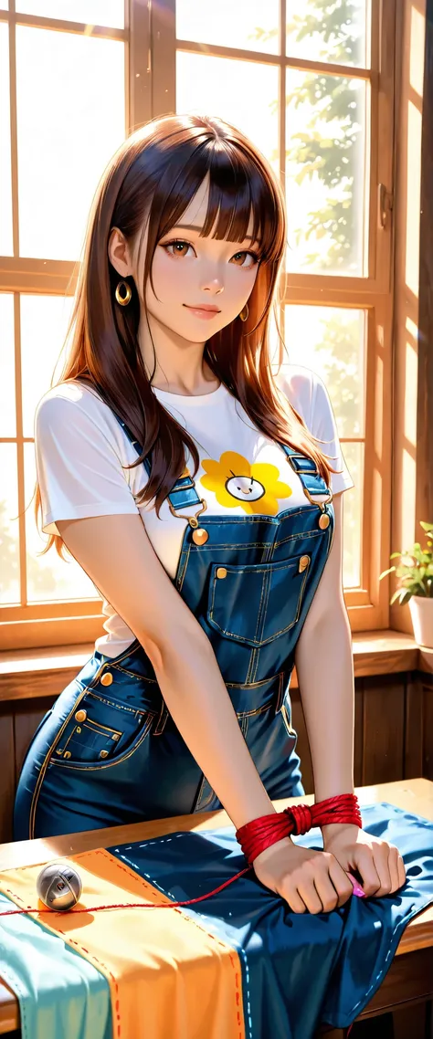 ((RAW Photo), Absurds, (Absurd Resolution)), ((Hyperrealism, Photorealistic)), (beautiful girl, 21 years old), (brown eyes), (long hair tied up, bangs, black with gold trim), (outfit: work overalls, tight t-shirt), (hardworking, arrogant), ((she is a seams...