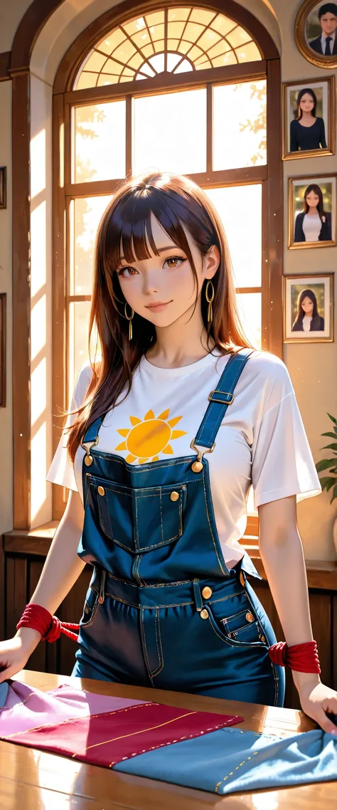 ((RAW Photo), Absurds, (Absurd Resolution)), ((Hyperrealism, Photorealistic)), (beautiful girl, 21 years old), (brown eyes), (long hair tied up, bangs, black with gold trim), (outfit: work overalls, tight t-shirt), (hardworking, arrogant), ((she is a seams...