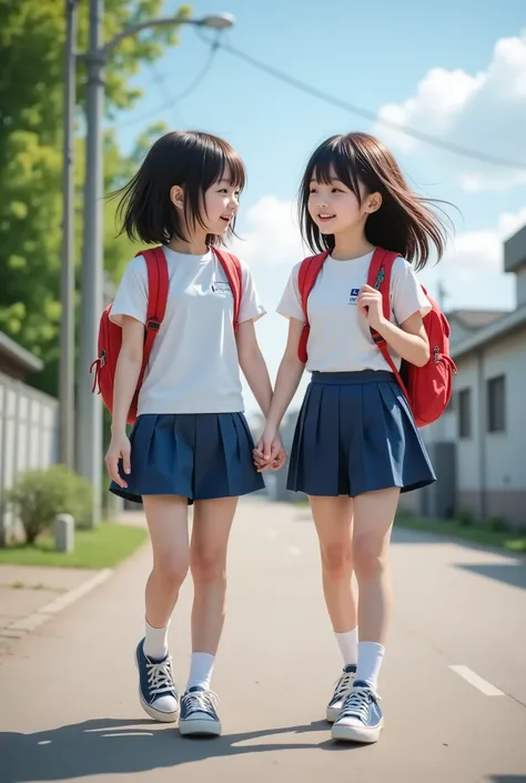 (photorealistic:1.3), ultra detailed, realistic skin texture, realistic lighting, 8k raw photo, highest quality, masterpiece, highest resolution, 2girls, cutest girls in japan, elementary school students, long hair, strong wind blows hair, school route, 10...