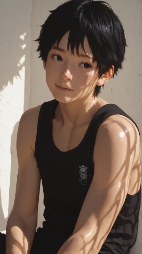 a children boy 12 years old((Japanese face)),View looking to the left,wearing black singlet,muscle,black eyes,short black hair, watered,best quality, 4k,perfect lighting, handsome face,perfect face,perfect face, realistic face,8k,ultra realistic,texture de...