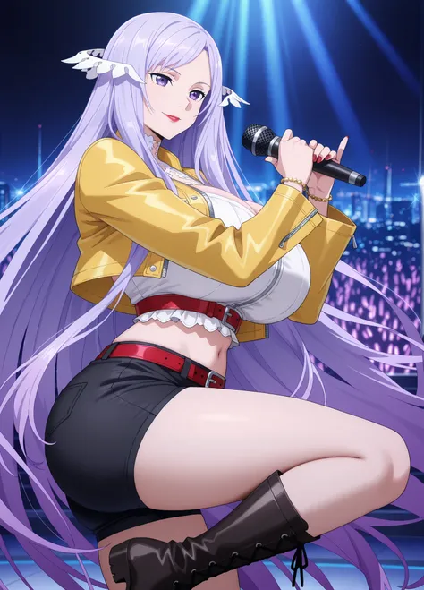 anime screencap, masterpiece, best quality, quinella, 1girl, Mature Female, long hair, purple hair, purple eyes, huge breasts, big butt, view detailed body,((yellow jacket, cropped jacket, black shorts, midriff, red belt, white crop top, jewelry, boots, ho...