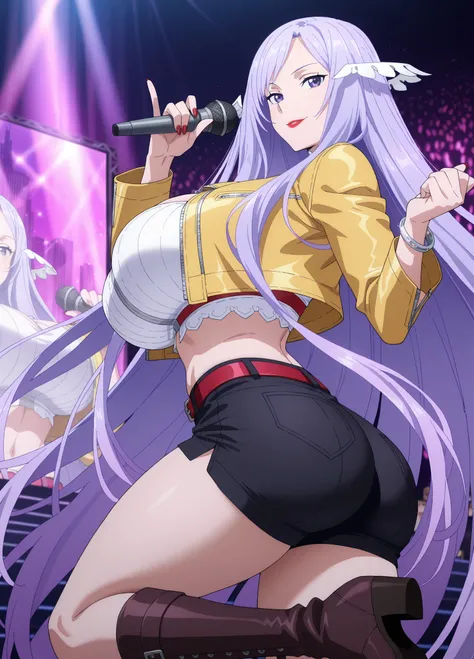 anime screencap, masterpiece, best quality, quinella, 1girl, Mature Female, long hair, purple hair, purple eyes, huge breasts, big butt, view detailed body,((yellow jacket, cropped jacket, black shorts, midriff, red belt, white crop top, jewelry, boots, ho...