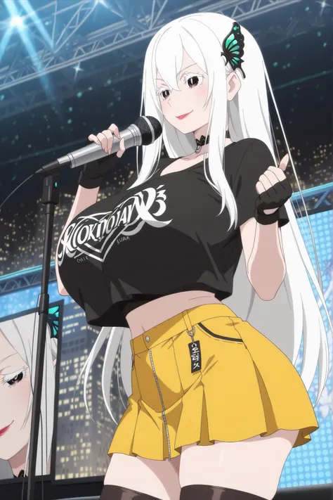 newest , masterpiece , anime screencap , anime coloring , echidna, 1girl, adult female, long hair, white hair, butterfly hair ornament, hair between eyes, bangs, white eyelashes, Huge breast, Big Butt, lips, Red lipstick, Smile,view detailed body,  ((black...