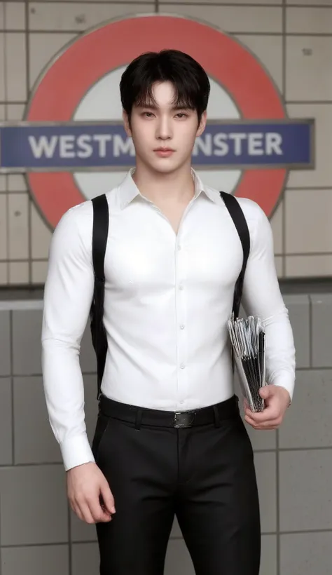 A portrait image shows a young Korean-Thai man standing in the WESTMINSTER London Underground station in London. 

The man is handsome and very muscular. He has fluffy K-pop hairstyles with fringes, known as phwamen. He wears a tight long-sleeve white shir...