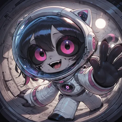(CuteToon_ST,),(infected creepy alien astronaut) a blue neon female furry alien cat with transparent skin and neon pink bones. space suit shows the bone . large glowing neon eyes with black sclera. She's wearing an astronaut's space suit. On her head she w...