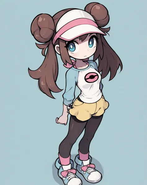 CartoonyIllustrious,1rosa1, brown hair, twintails, double bun, blue eyes,2default2, white shirt, raglan sleeves, pink bow, visor cap, yellow shorts, black pantyhose, pink socks, blue sneakers, High-angle shot from above, head slightly tilted upward toward ...