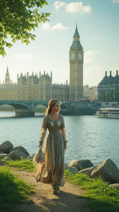 highdefinition images、modern art、medieval woman walking along the Thames while watching Big Ben from the other side of the river、美しい全身highdefinition images