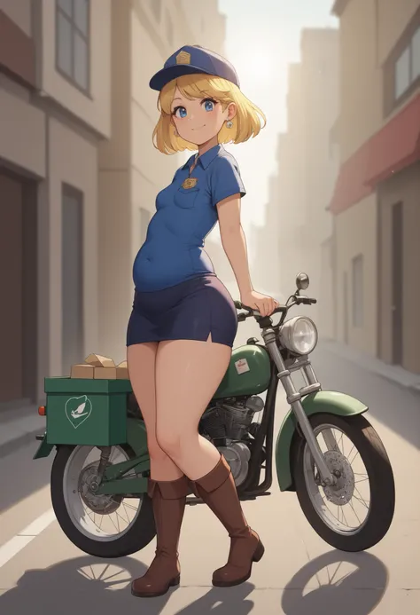 rita loud, mature woman, chubby. blonde hair, solo, short hair, small breasts, huge hips. huge ass. earrings, | anime style, masterpiece, ultra-detailed, best quality, 1 lady, solo, tiny delivery, confident smile, looking at viewer, riding miniature motorc...