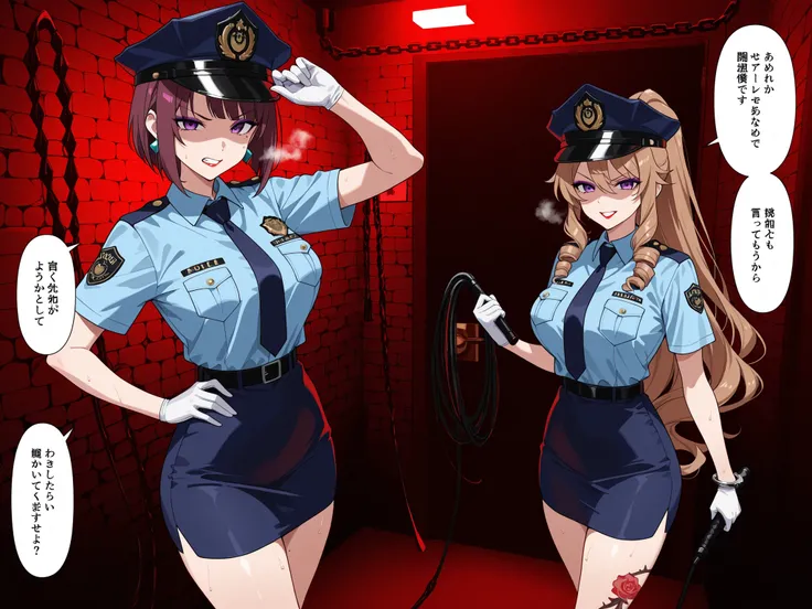 8k,  high resolution, masterpiece,Highest Quality, very detailed, policewoman uniform, navy blue miniskirt, police cap, badge, handcuffs, confident pose､enamel gloves, ,hand on own hip､ medium shot､Close to Viewers, [from_Down],  whipping, (whip:1.5), arm ...