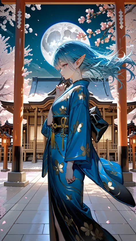 Quality as pictured, masterpiece, RAW pictures, Female Elves by Chen Dingbo, asymmetrical kimono bodysuit, kimono sleeve design on one side only, blue and black gradation, wind accent on the waist, Jet black combat bow, Japanese pattern drawn with gold le...