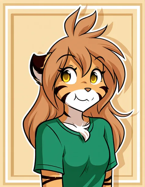 KittyRosie75, flat_color, outline,, furry, solo, flora-twokinds, flora_twokinds,, tiger, striped fur, keidran, yellow eyes, anthro,, green shirt