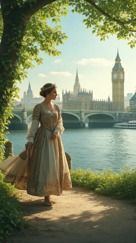 highdefinition images、modern art、medieval woman walking along the Thames while watching Big Ben from the other side of the river、美しい全身highdefinition images