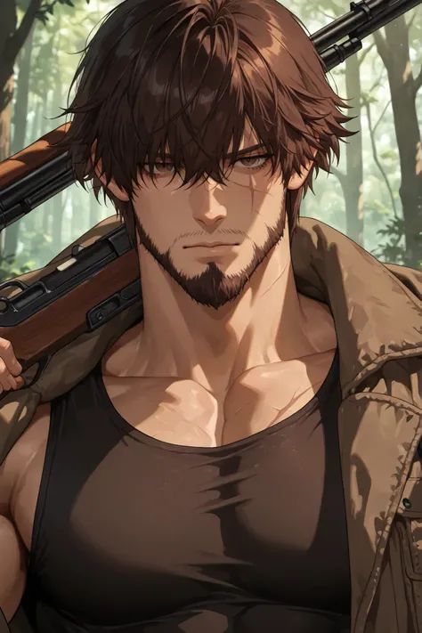 muscular mature man, rugged handsome, thick dark brown messy hair with long bangs falling over forehead, deep brown eyes, scar across face, stern expression, short tough beard, worn hunting jacket, dark clothes, holding shotgun, smuggler and hunter, deep f...