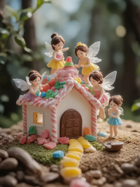 Four small fairy girls with translucent wings work together to assemble a house made of candy. Each fairy wears a pastel-colored dress and has a glowing aura around them. The candy house features pink and white striped candy canes as support beams, red and...