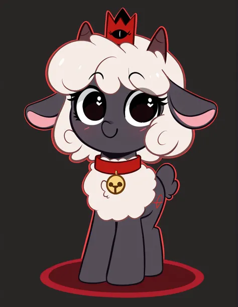 KittyRosie75, flat_color, outline,, masterpiece, best quality, very aesthetic, 1girl, solo, cult of the lamb, sheep girl, collar, horizontal pupils, red/black eyes, red crown,