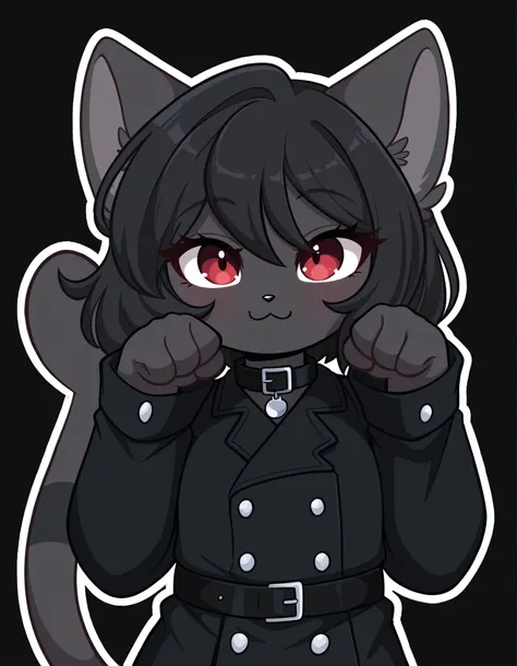 KittyRosie75, flat_color, outline,, masterpiece, best quality, very aesthetic, 1girl, solo, white background, looking at viewer, portrait, paw pose, :3, furry female, cat girl, animal ears, black hair, short hair, black skin, red eyes, cat tail, black jack...