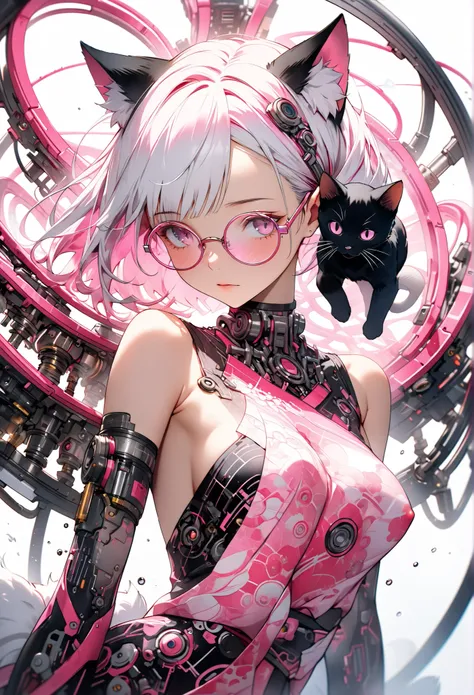 ether machine girl、Fluffy white fur grows from behind the ears Ears {x} pink similar to blood vessels connected to the neck and back Tube {x} Intricate illustration in an imaginative cyberpunk art style, Translucent white short hair (black cat ears) Stylis...