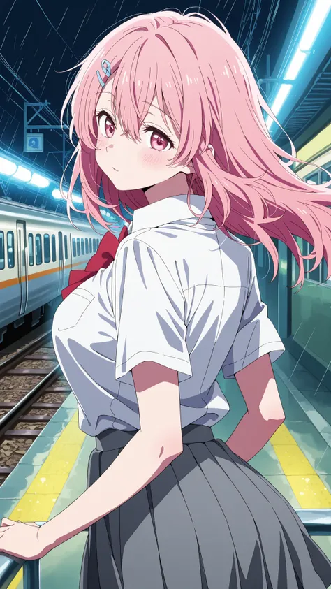 BREAK (masterpiece:1.2), best quality, high resolution, unity 8k wallpaper, (illustration:0.8), (beautiful detailed eyes:1.6),Empty neon-lit street in Tokyo,
puddles reflecting colorful signs,
soft rain falling, steam rising from vents,
distant train...