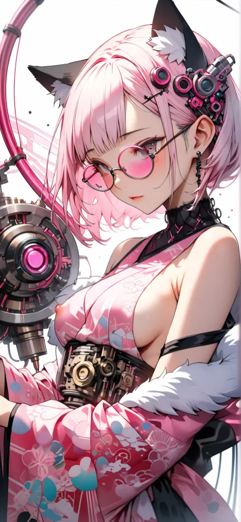 ether machine girl、Fluffy white fur grows from behind the ears Ears {x} pink similar to blood vessels connected to the neck and back Tube {x} Intricate illustration in an imaginative cyberpunk art style, Translucent white short hair (black cat ears) Stylis...