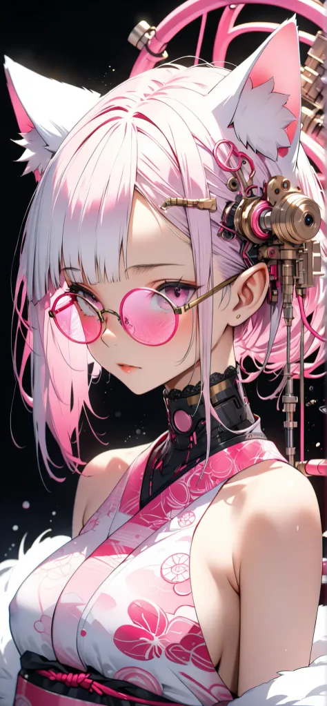 ether machine girl、Fluffy white fur grows from behind the ears Ears {x} pink similar to blood vessels connected to the neck and back Tube {x} Intricate illustration in an imaginative cyberpunk art style, Translucent white short hair (black cat ears) Stylis...