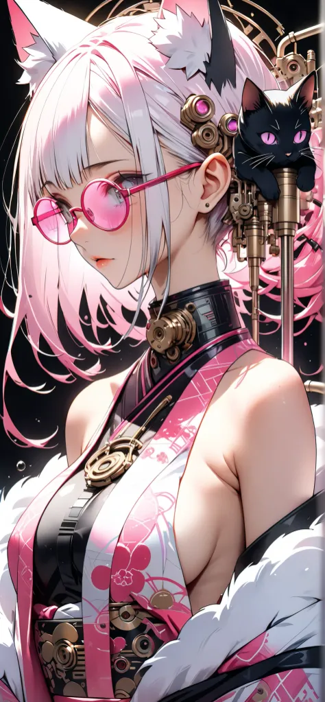 ether machine girl、Fluffy white fur grows from behind the ears Ears {x} pink similar to blood vessels connected to the neck and back Tube {x} Intricate illustration in an imaginative cyberpunk art style, Translucent white short hair (black cat ears) Stylis...